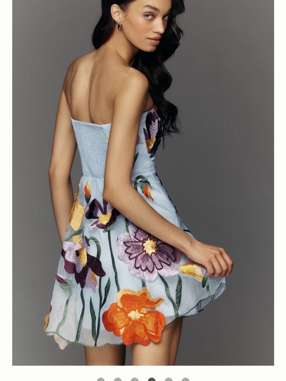 Maeve Strapless Light Blue Mini Dress with Orange & Purple Floral Appliqués - Picture 2 of 5